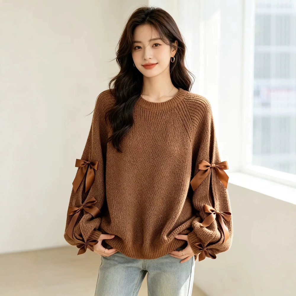 ZARA Early Fall American Sweet Bow Oversized Plus Size Long Sleeve Knit Pullover